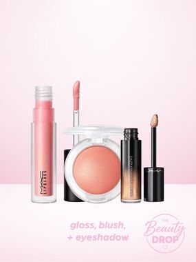MAC 3pc Lipglass, Blush + Eyeshadow, Nymphette That’s Peachy Beaming Brighter